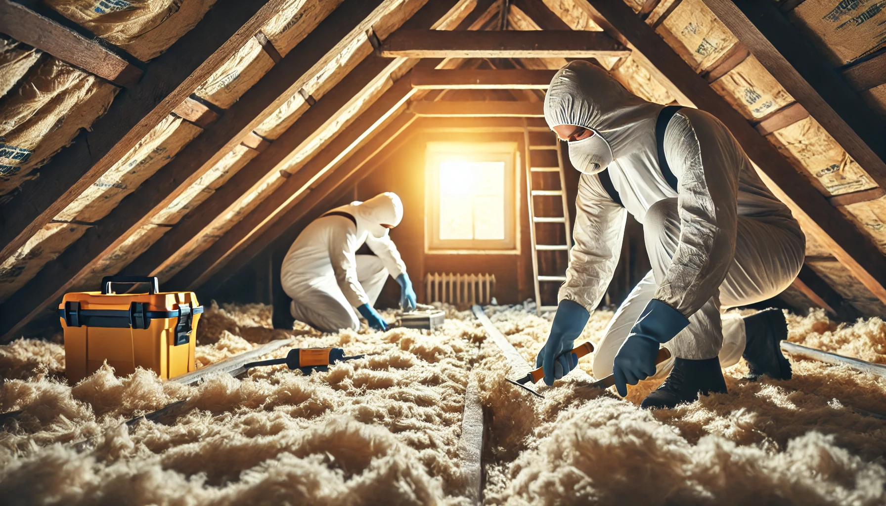 Contaminated loft insulation being safely removed from property