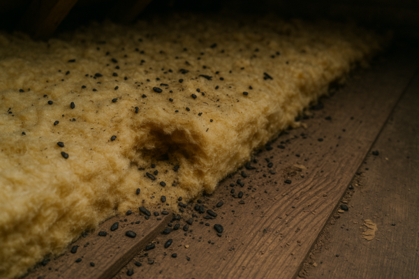 Examples of rodent damage signs in Manchester loft insulation requiring professional removal