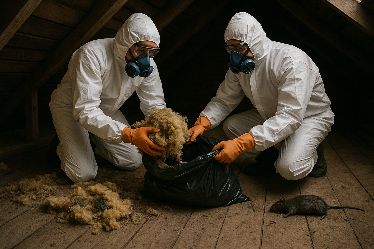 Professional team in protective equipment removing rodent damaged insulation from Manchester loft